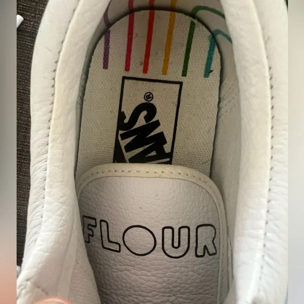 Vans x Flour Shop Old Skool Skate Sneakers Rainbow Pride Low Top White Size 5.5